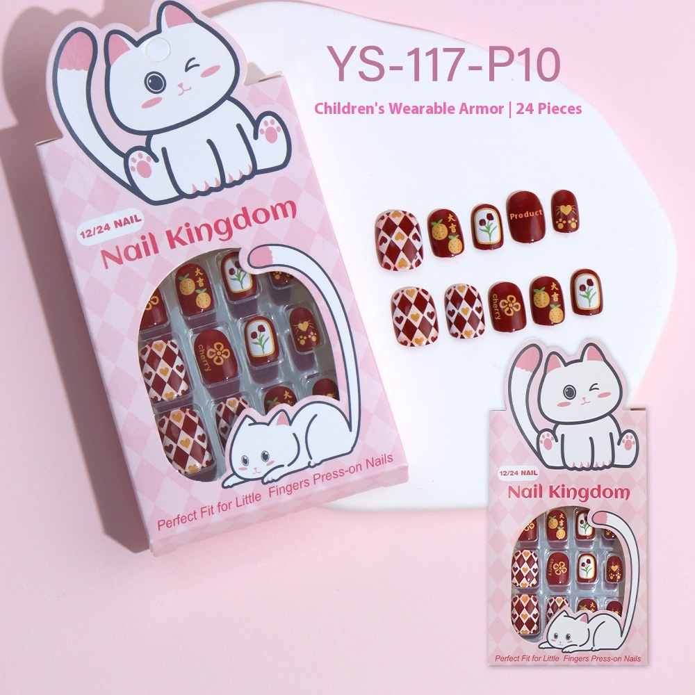 Children press on nails, cartoon 24-piece boxed finished product, sweet and cute children's removable fake nail patch manicure