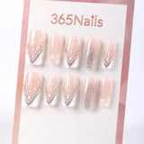365Nails Rosa nude transparente con V-French blanca, cadenas con tachuelas plateadas y purpurina estrellada – Elegantes uñas postizas medianas con forma de ataúd/almendra.