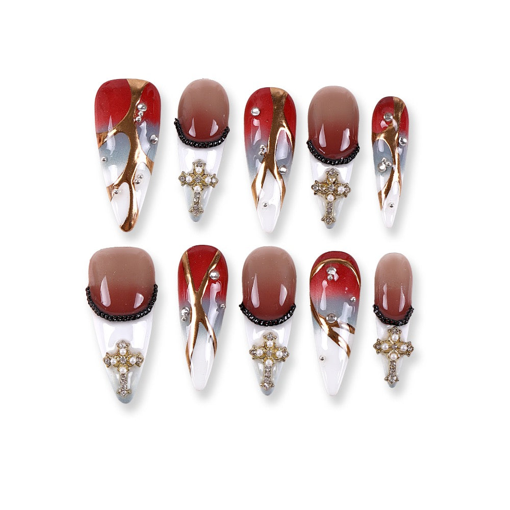 365Nails Wine-Red & Dusty Blue Ombre French with Gold Branch Lines and Crystal Cross Charms Press-On Nails