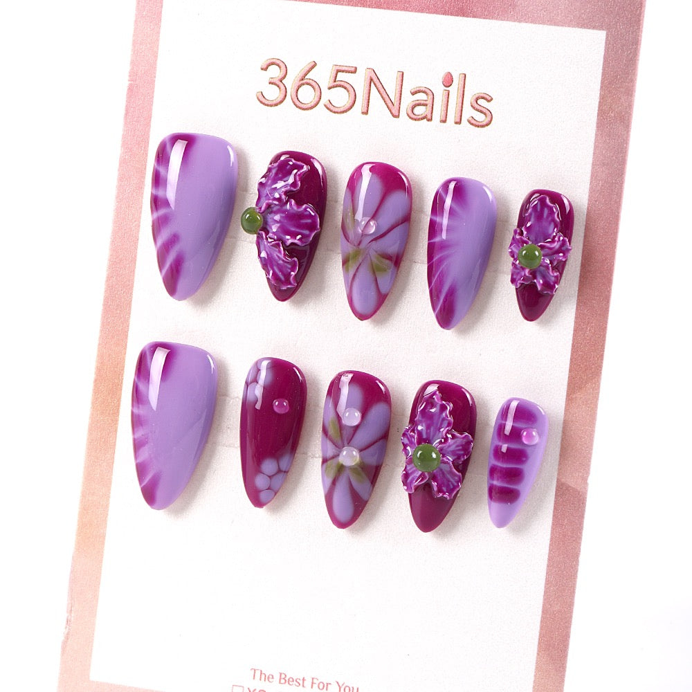 365Nails Grape Purple & Lavender Marble with 3D Blossoms and Dewy Drops Press-On Nails