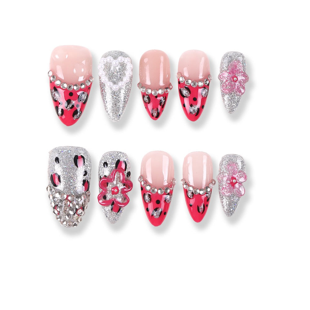 365Nails Sweet-Edgy Watermelon Red Press-On Nails Silver Glitter French V Leopard Accents with Rhinestones & Jelly Flowers