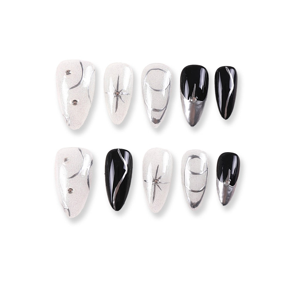365Nails Milky Shimmer White x Obsidian Black with Silver Swirls and Chrome French Tips – Minimal Chic Medium Almond Press-On Nails