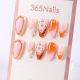 365Nails Nude-Pink French with Orange Ombre, Tiger-Print Buds, and Gold Bead Accents Press-On Nails