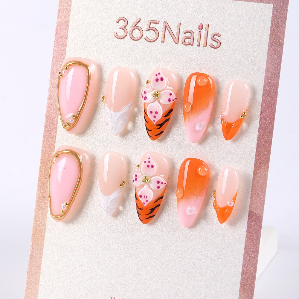 365Nails Nude-Pink French with Orange Ombre, Tiger-Print Buds, and Gold Bead Accents Press-On Nails