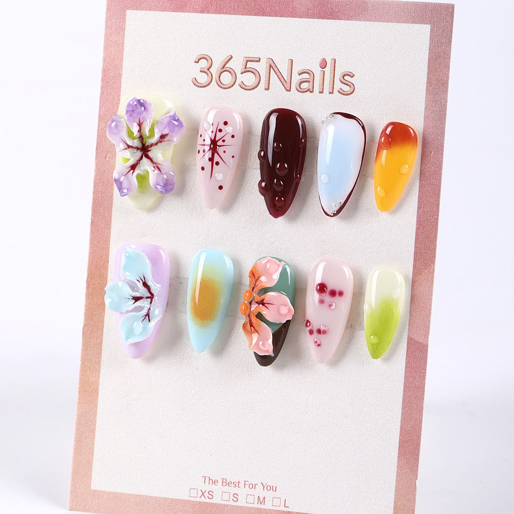 365Nails Jelly Mix Set with 3D Florals and Dew-Drop Gel Accents – Artistic Almond Press-On Nails