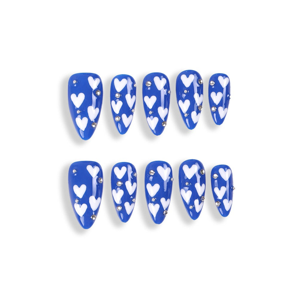 365Nails Blue Heart Melody Press-On Nails with White Hearts and Rhinestones