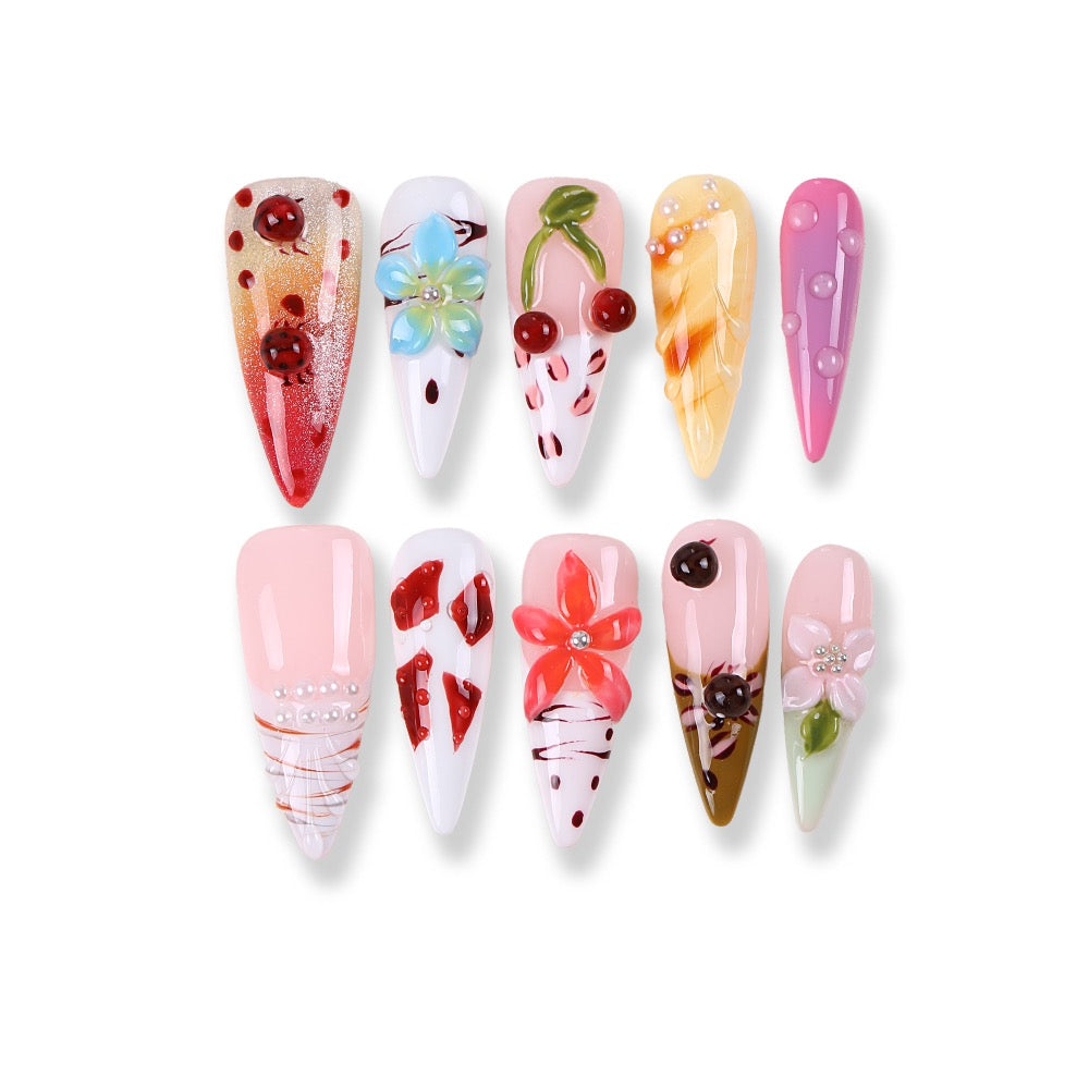 Uñas postizas largas 365Nails Fruity Blossom 3D pintadas a mano