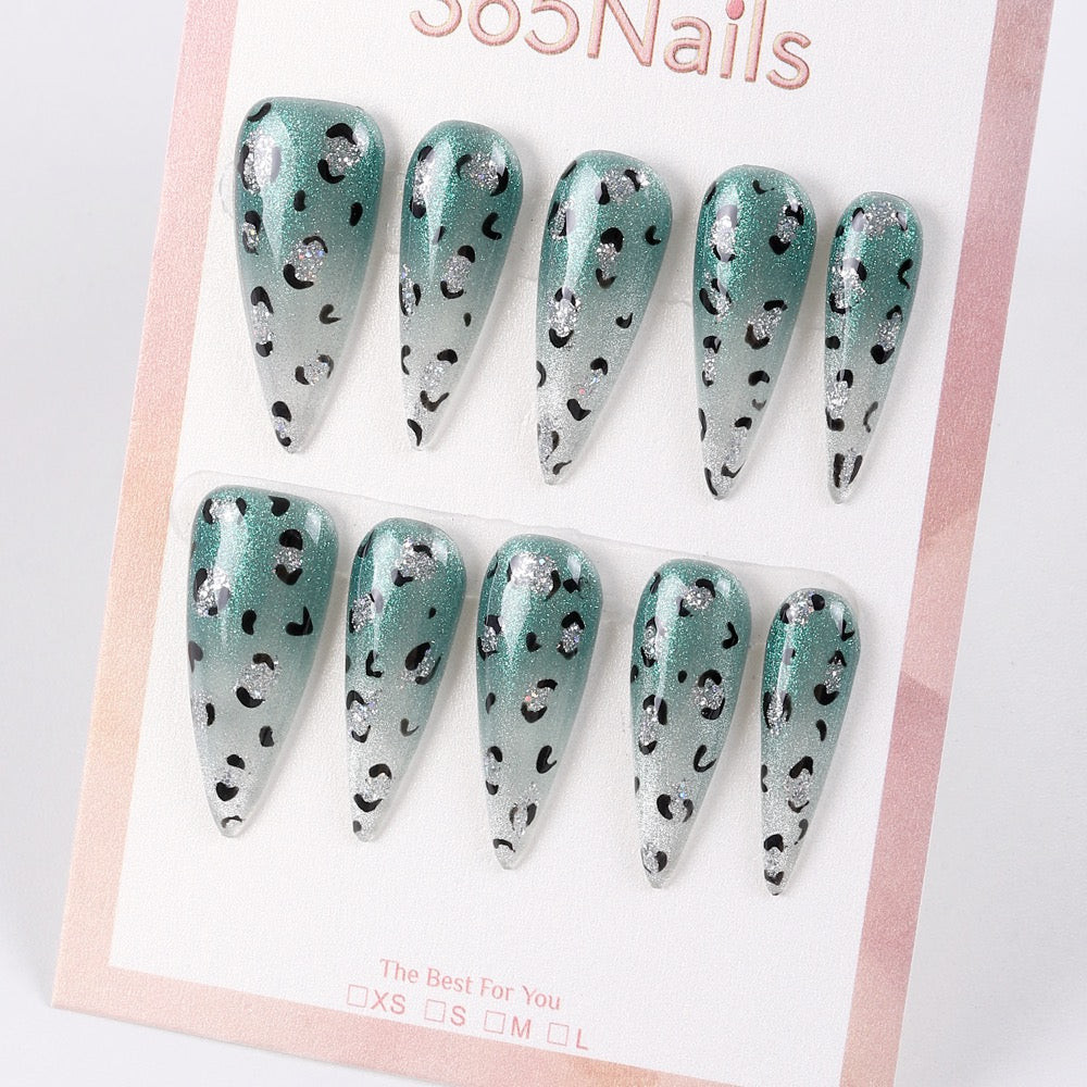 365Nails Emerald Leopard Gradient Stiletto Tips