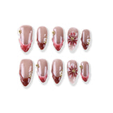 Creamy nude pink wine red French medium almond three-dimensional flower gold bead embellishment Press on nail