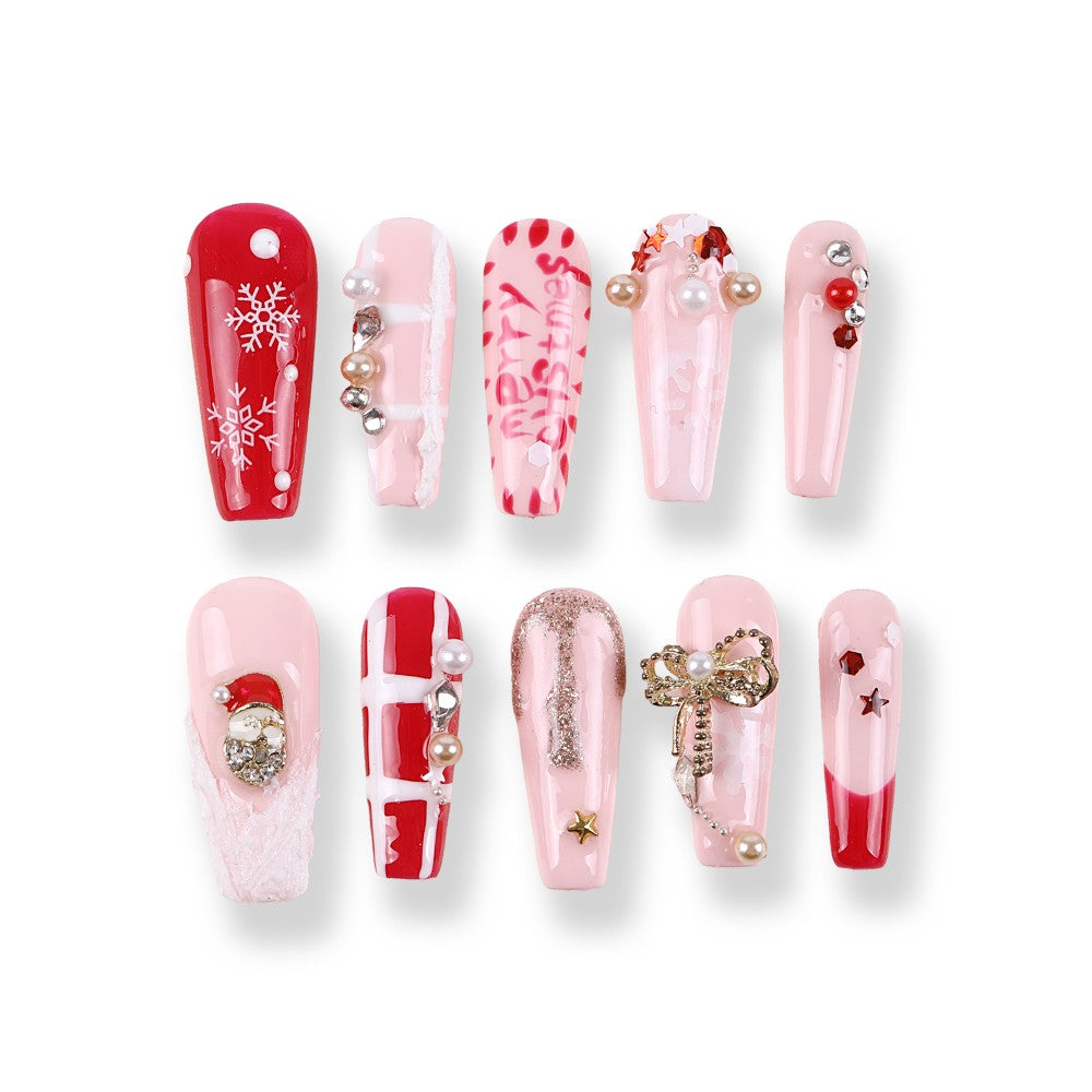 365Nails Merry Christmas Gift Ribbon Nude-Red Long Coffin Set