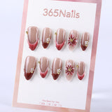 Creamy nude pink wine red French medium almond three-dimensional flower gold bead embellishment Press on nail