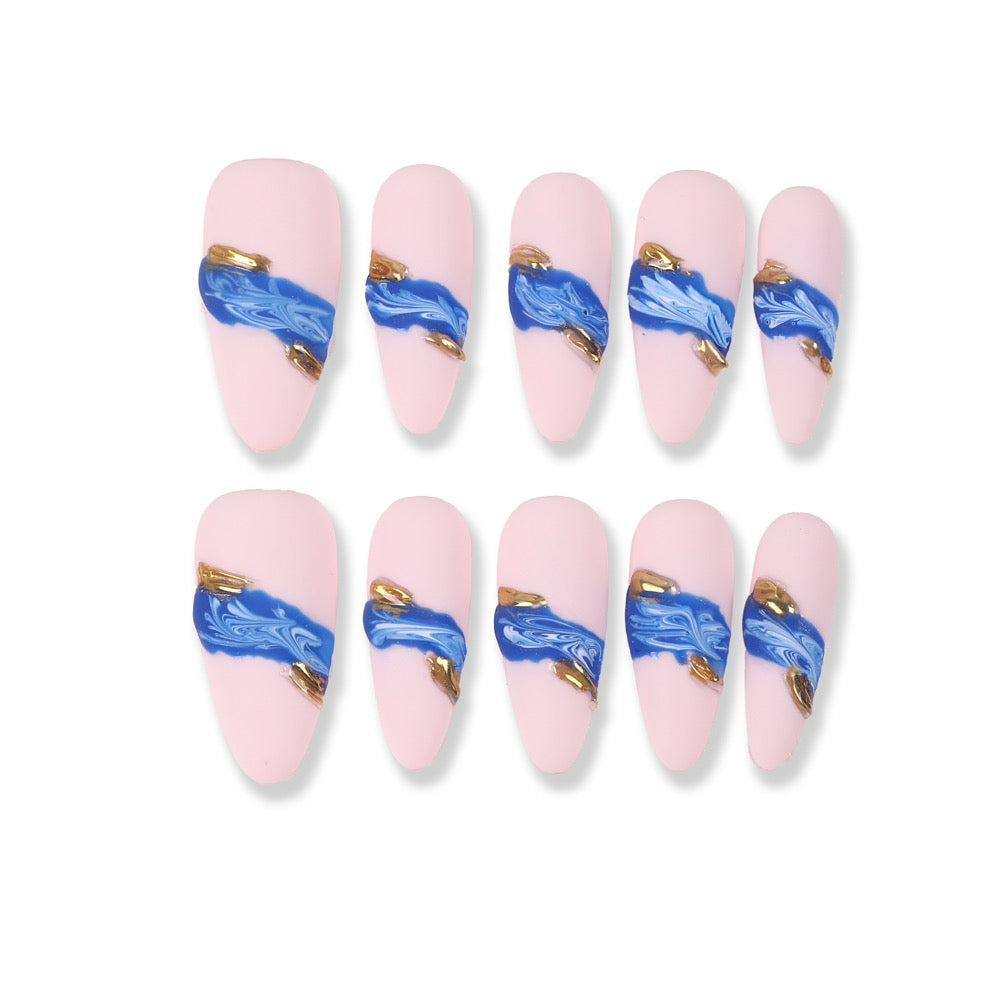 365Nails Matte Blush Press-On Nails with Royal-Blue Brush Strokes and Gold Accents