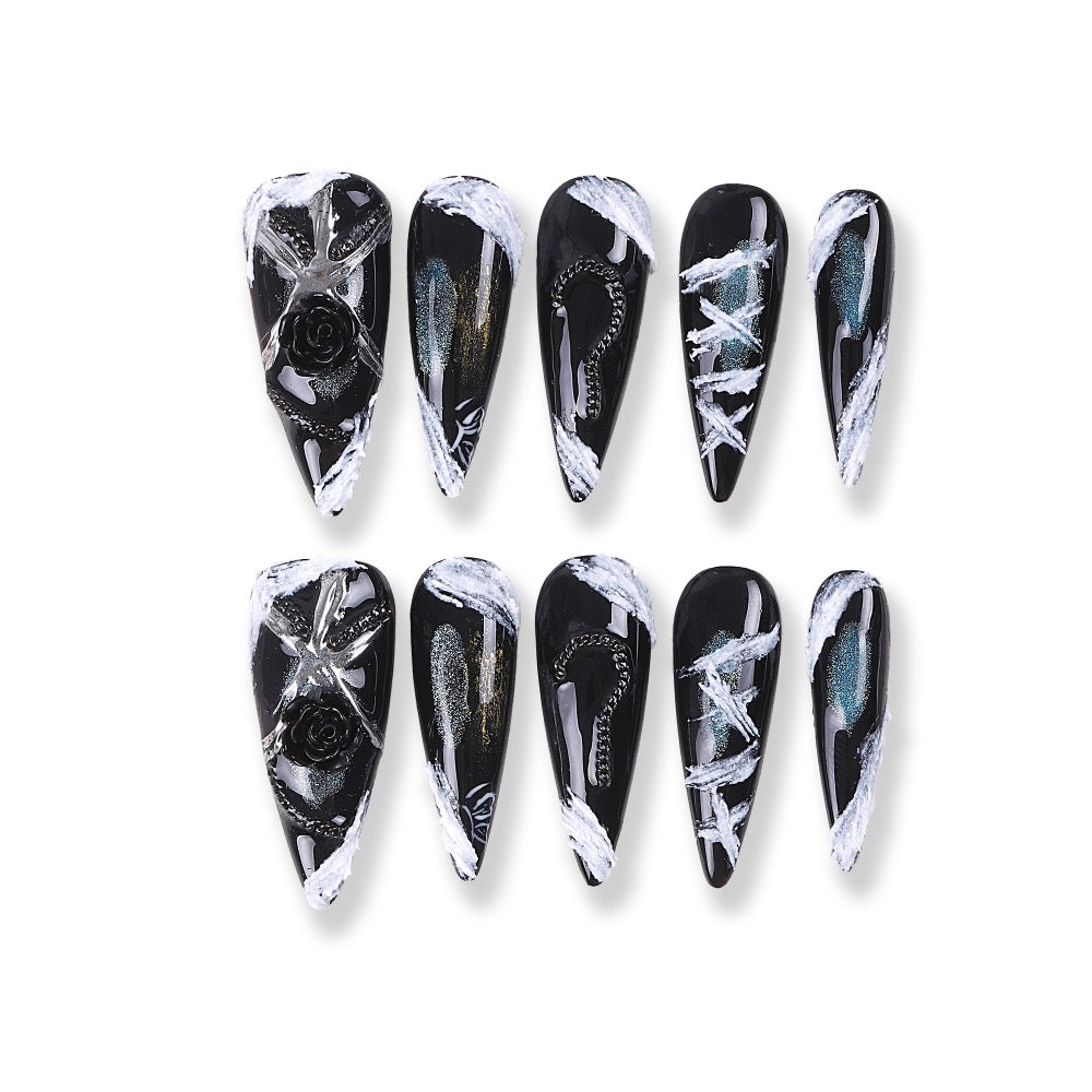 365Nails Midnight Scratch Press-On Nails in Matte Black with Silver Streaks and 3D Rose
