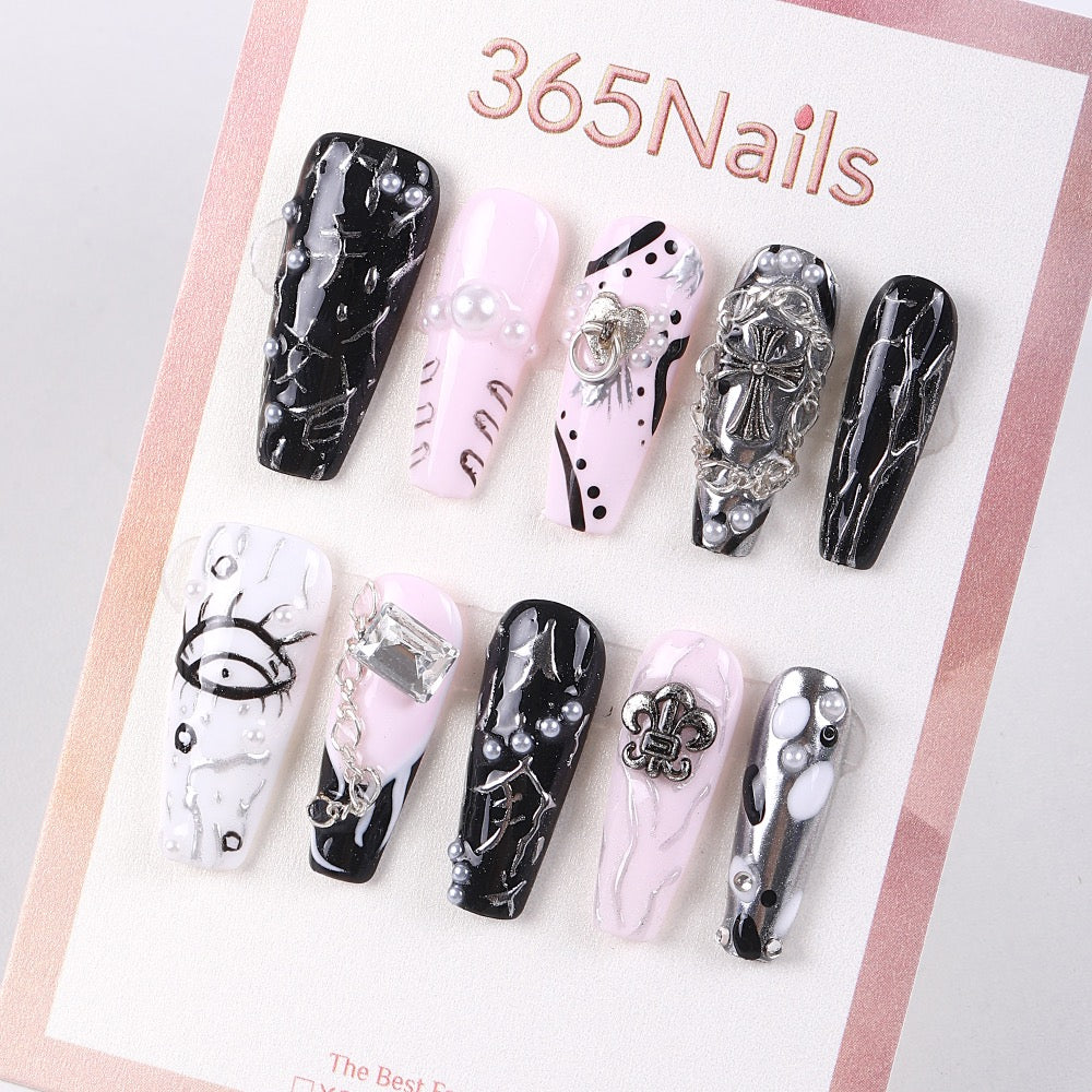 365Nails Sweet-Punk Press-On Nails in Black & Pink with Pearls, Chains and Metal Charms