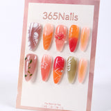 365Nails Coral-Orange Ombre Mix with Hand-Painted Florals, Leaf Lines, and 3D Blossom Gold Beads Press-On Nails