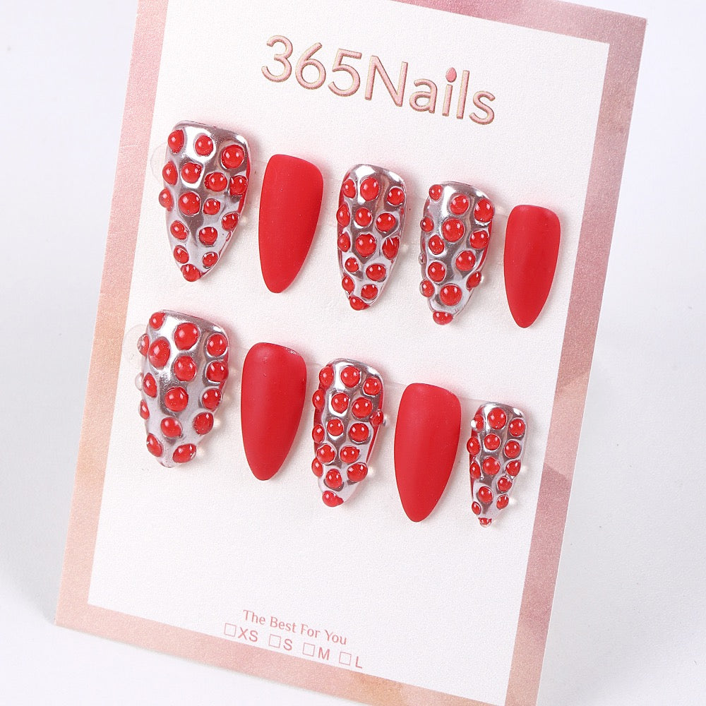 365Nails Crimson Bubble Press-On Nails Matte Red with Metallic Silver and Studded Beads