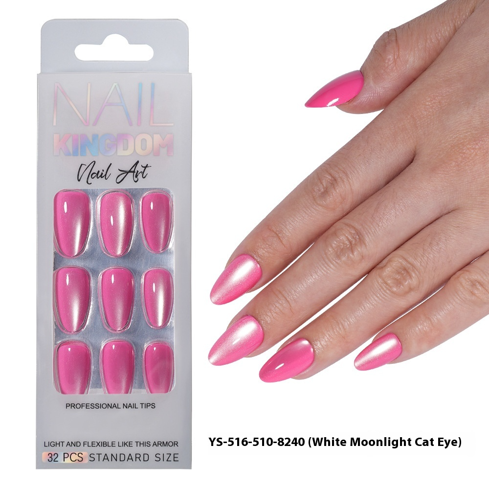 Nail Tips New press on nails Small Light Bulb Cat's Eye 32 Pieces Boxed Prefabricated Nail Pieces Removable Almond White Moonlight Patch Nail Art