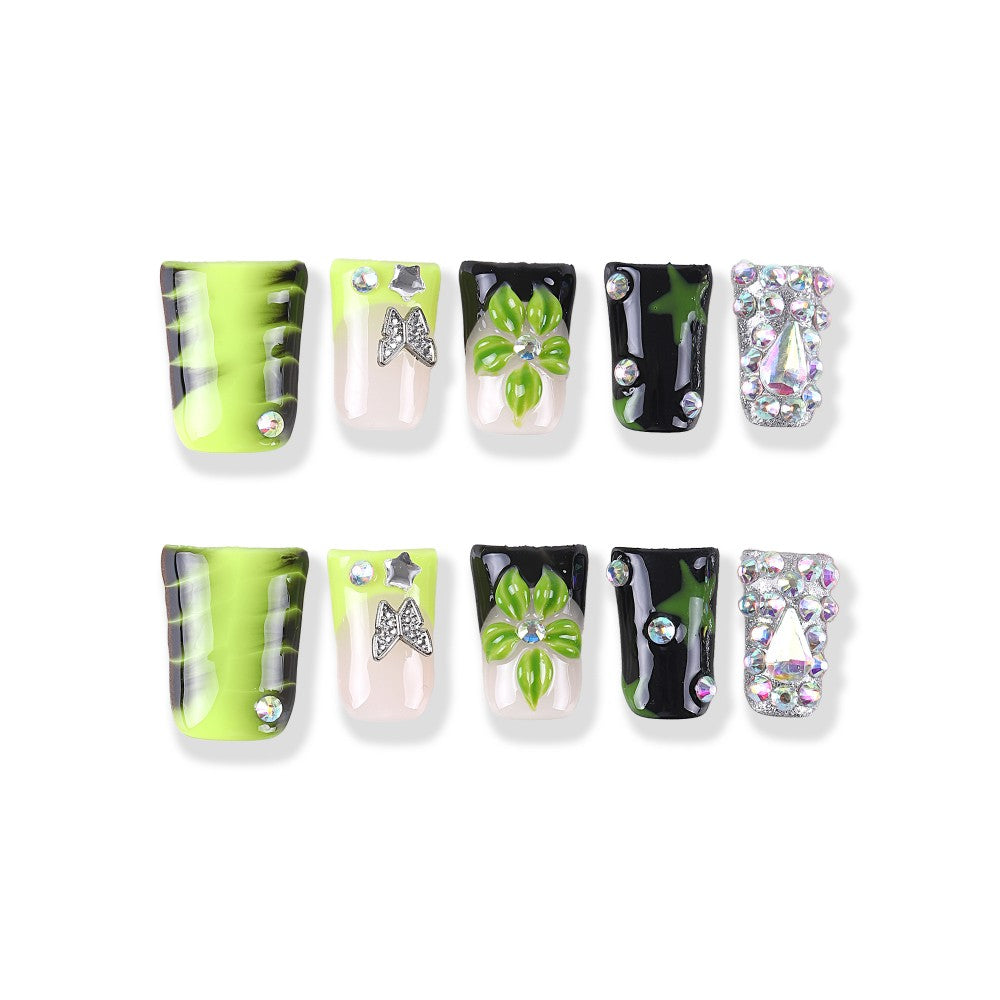 Fluorescent lime green and black short square 3D flower star and full diamond brilliance press on nail