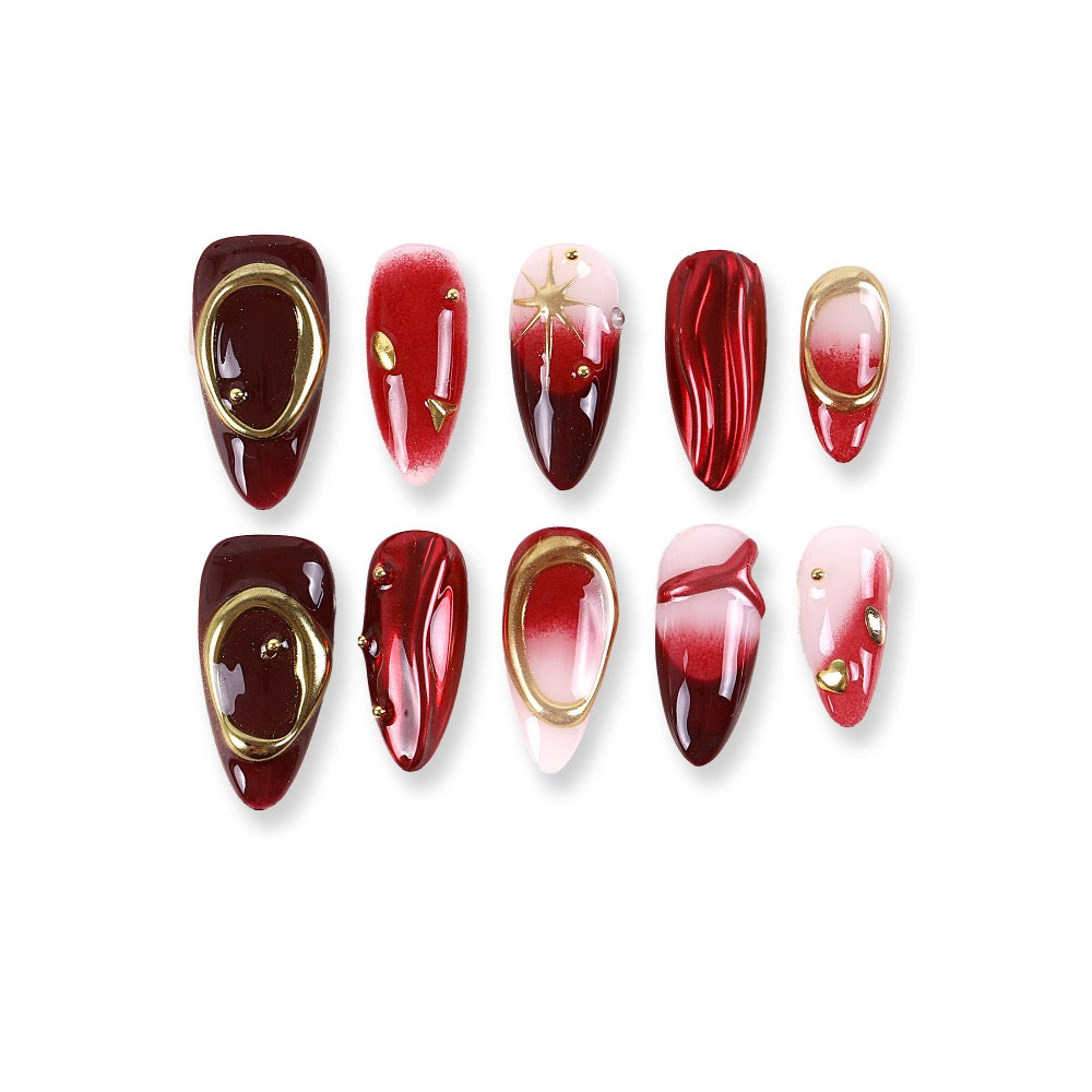 365Nails Red Gradient Almond Press-On Nails with Gold AccentsSold in packs of 5. Minimum order: 1 pack (5 pcs). Quantity = number of packs. Qty 1 = 5 pcs