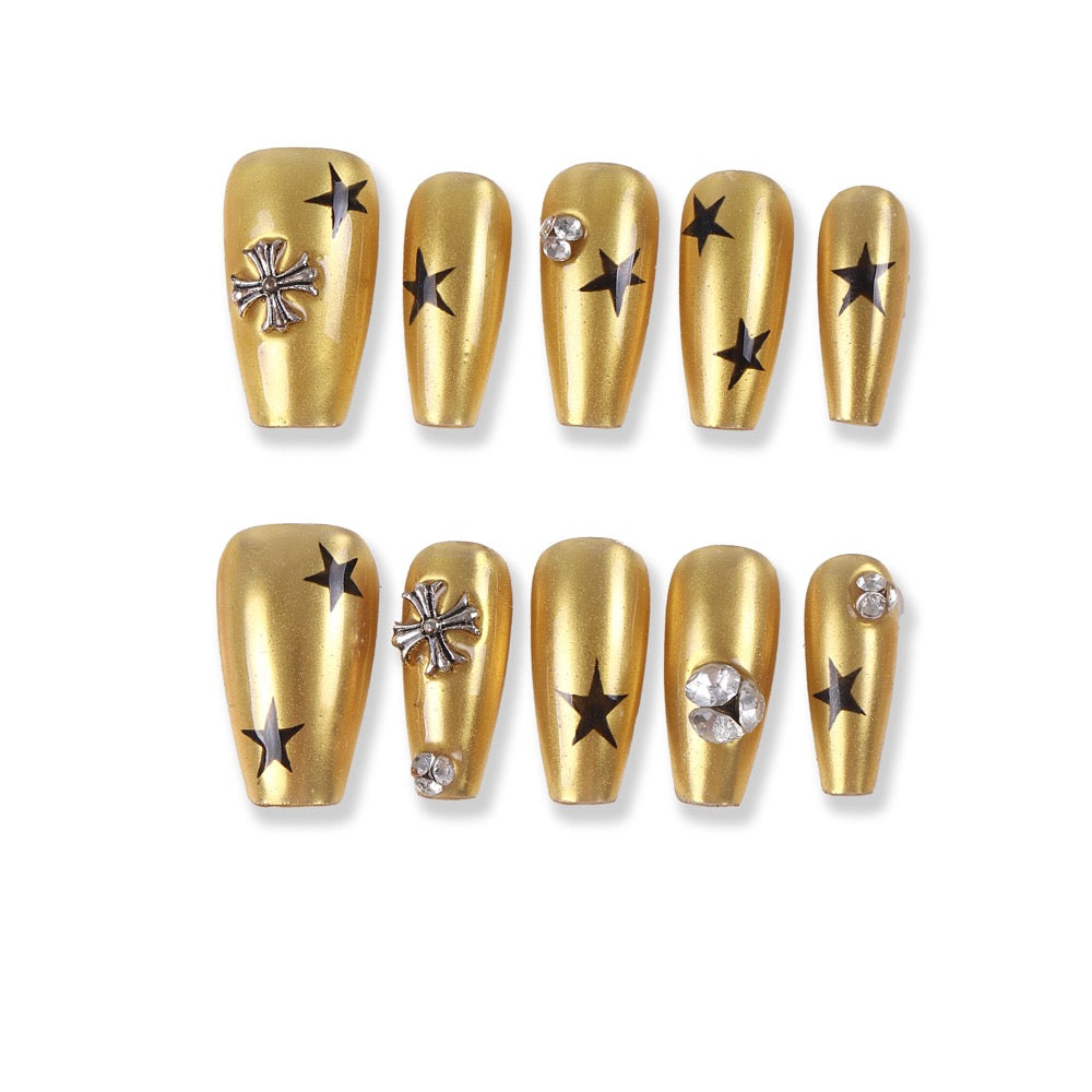 365Nails Gilded Rock Press-On Nails Matte Metallic Gold Stars with Cross Studs and Rhinestones