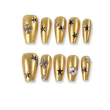 365Nails Gilded Rock Press-On Nails Matte Metallic Gold Stars with Cross Studs and Rhinestones
