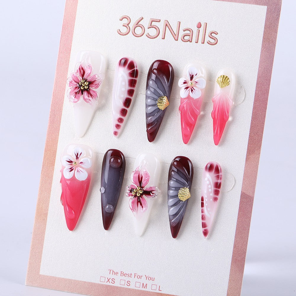 Wine red pink gray 3D carved long pointed gold jewelry luxury press on nail
