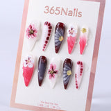 Wine red pink gray 3D carved long pointed gold jewelry luxury press on nail