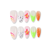 365Nails Tropical Smoothie Press-On Nails Neon French with Hand-Painted Leopard and Star Flower