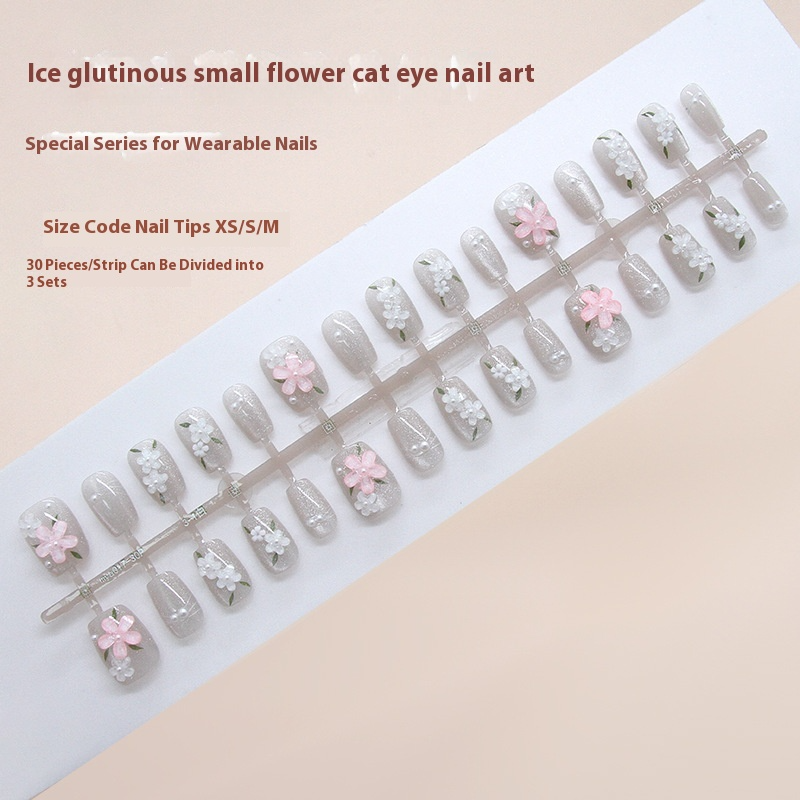 Nail Tips prefabricated nail gentle ice waxy spring flower cat eye pearl ins wind removable press on nails 30 pieces|365nails