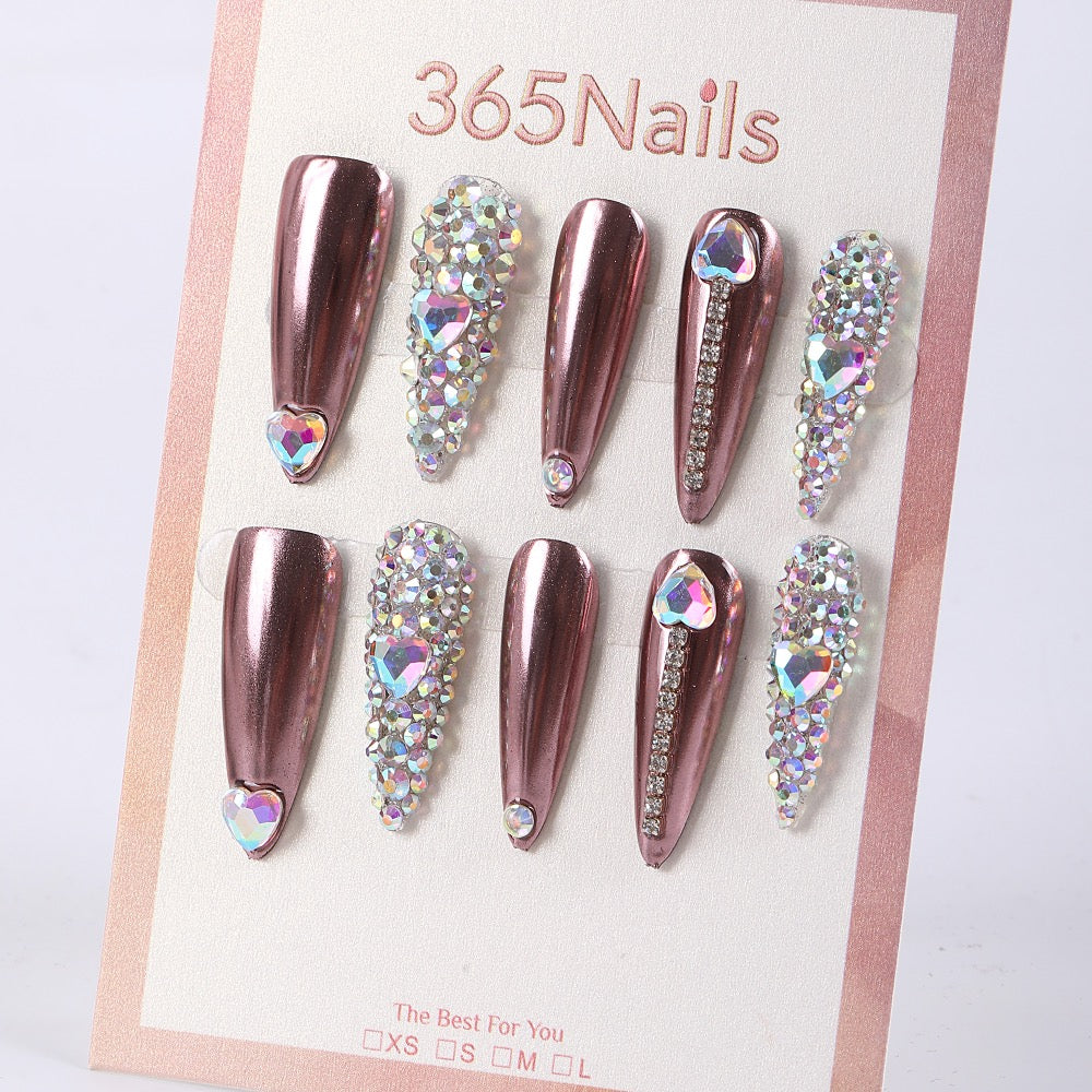 365nails rose-gold chrome with heart rhinestones luxury long press-ons
