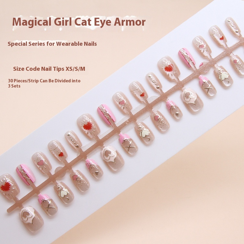 Nail Tips prefabricated nail press on nails Sweet removable cat eye pink peach heart nail piece Short T nail patch |365nails