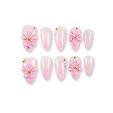 365Nails Sheer Pink Jelly French with 3D Blossom Accents and Pearl Rhinestones – Sweet Medium Almond Press-On Nails