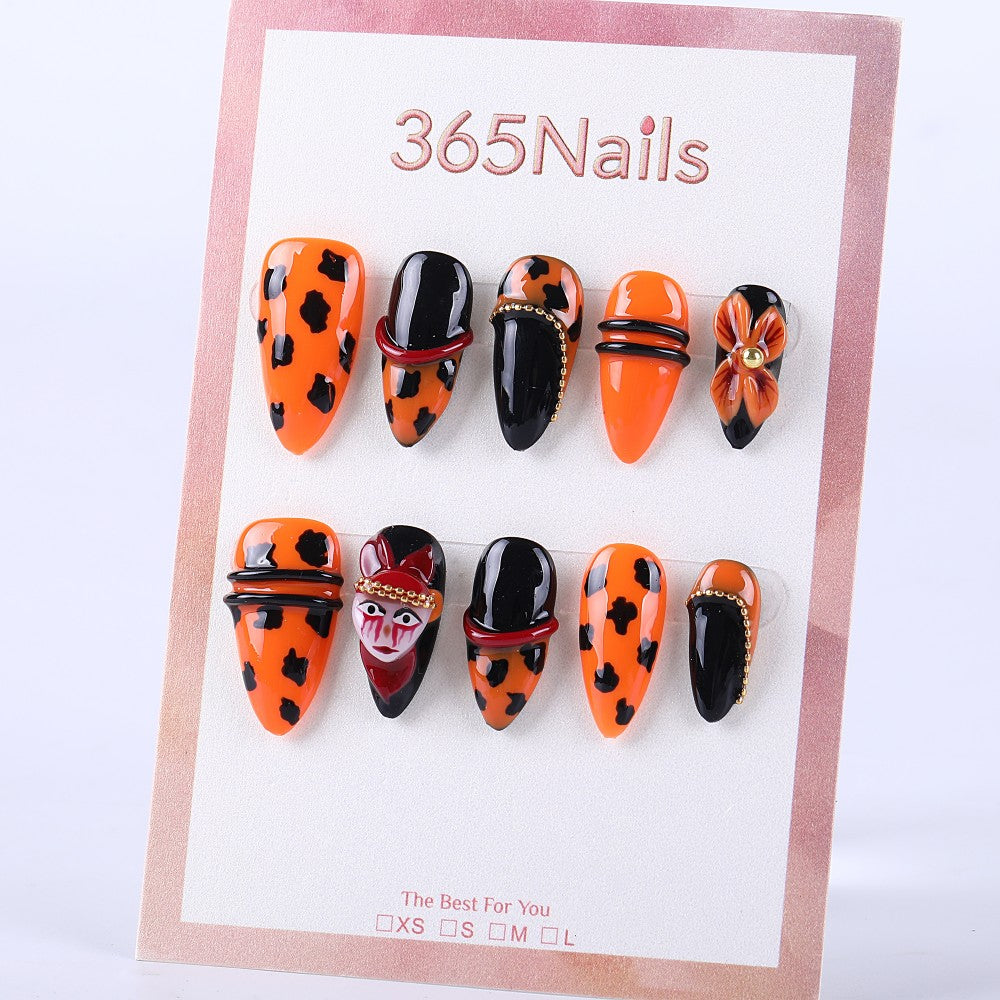 Halloween orange and black leopard print long pointed press on nails