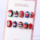 3D Red Green and Blue Short Square Candy Socks Snowman Christmas Tree press on nail