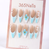365Nails Nude Milk Tea with Glacier-Blue French Tips, 3D Florals and Embossed Lines – Elegant Long Almond Press-On Nails