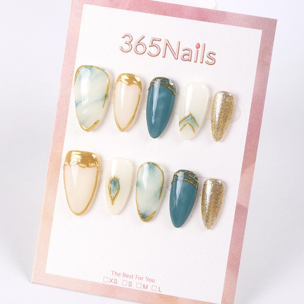 365Nails Jade Marble & Gold Luxe Almond Tips