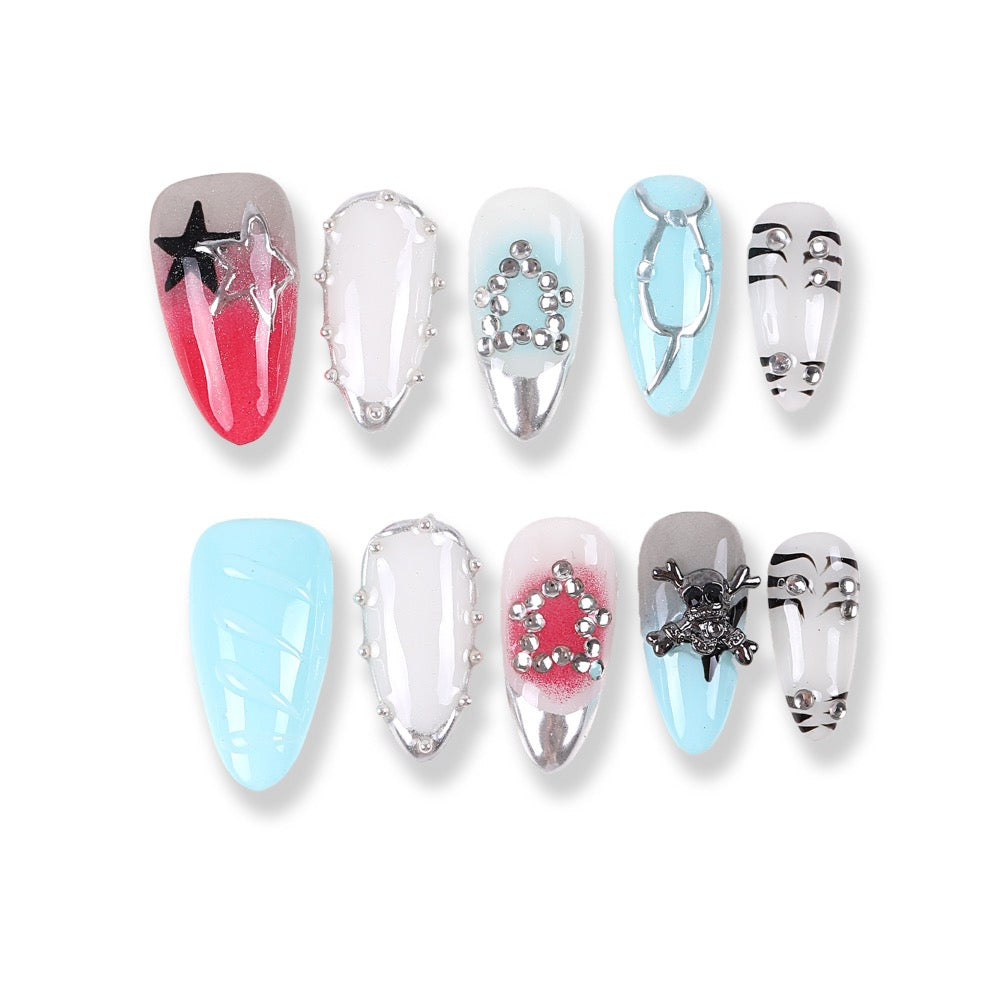 365Nails Punk Stud Press-On Nails Ice Blue Silver Mix Skull Star Chains Party Set