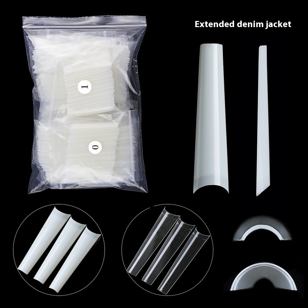 Nail Tips New extended denim nail piece, XXXL fake nail transparent flat head nail piece French semi-sticker denim nail