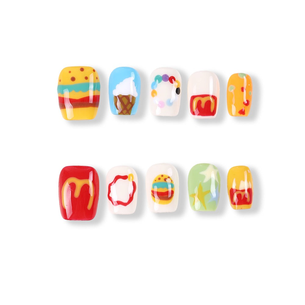 Uñas postizas cortas cuadradas pintadas a mano 365Nails Candy Party