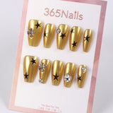 365Nails Gilded Rock Press-On Nails Matte Metallic Gold Stars with Cross Studs and Rhinestones