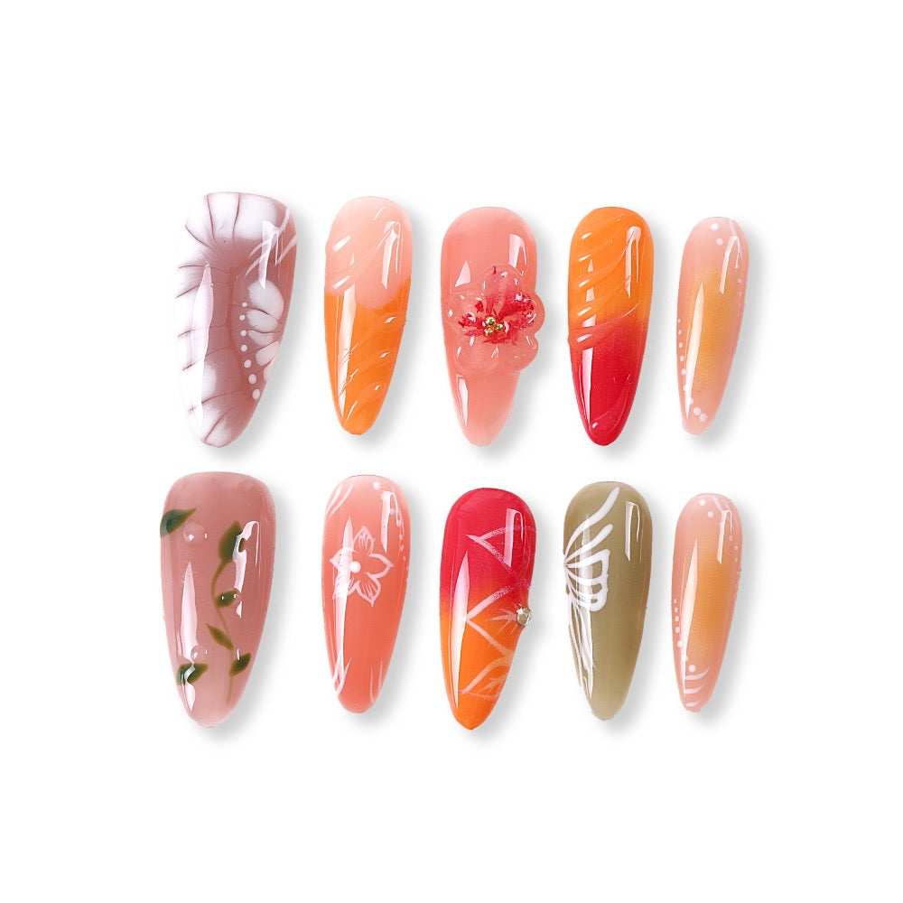 365Nails Coral-Orange Ombre Mix with Hand-Painted Florals, Leaf Lines, and 3D Blossom Gold Beads Press-On Nails