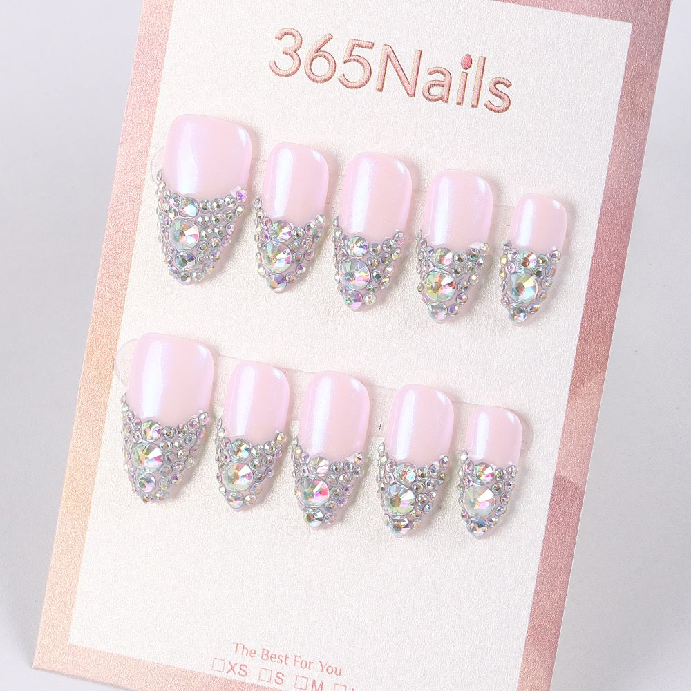 365Nails Pink Pearl French Press-On Nails V-Tip Full Rhinestones Date Party Set