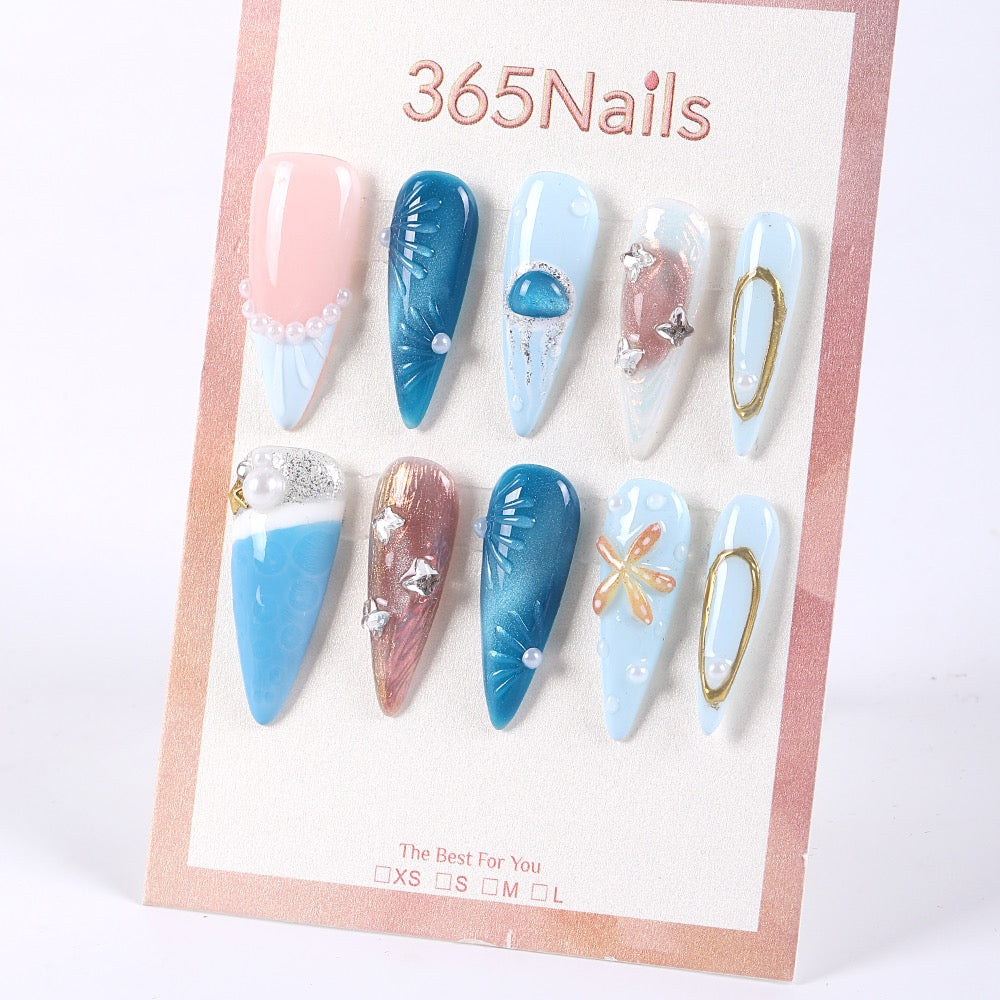 365Nails Sea Breeze Blue & Gold Shell French Press-On Nails