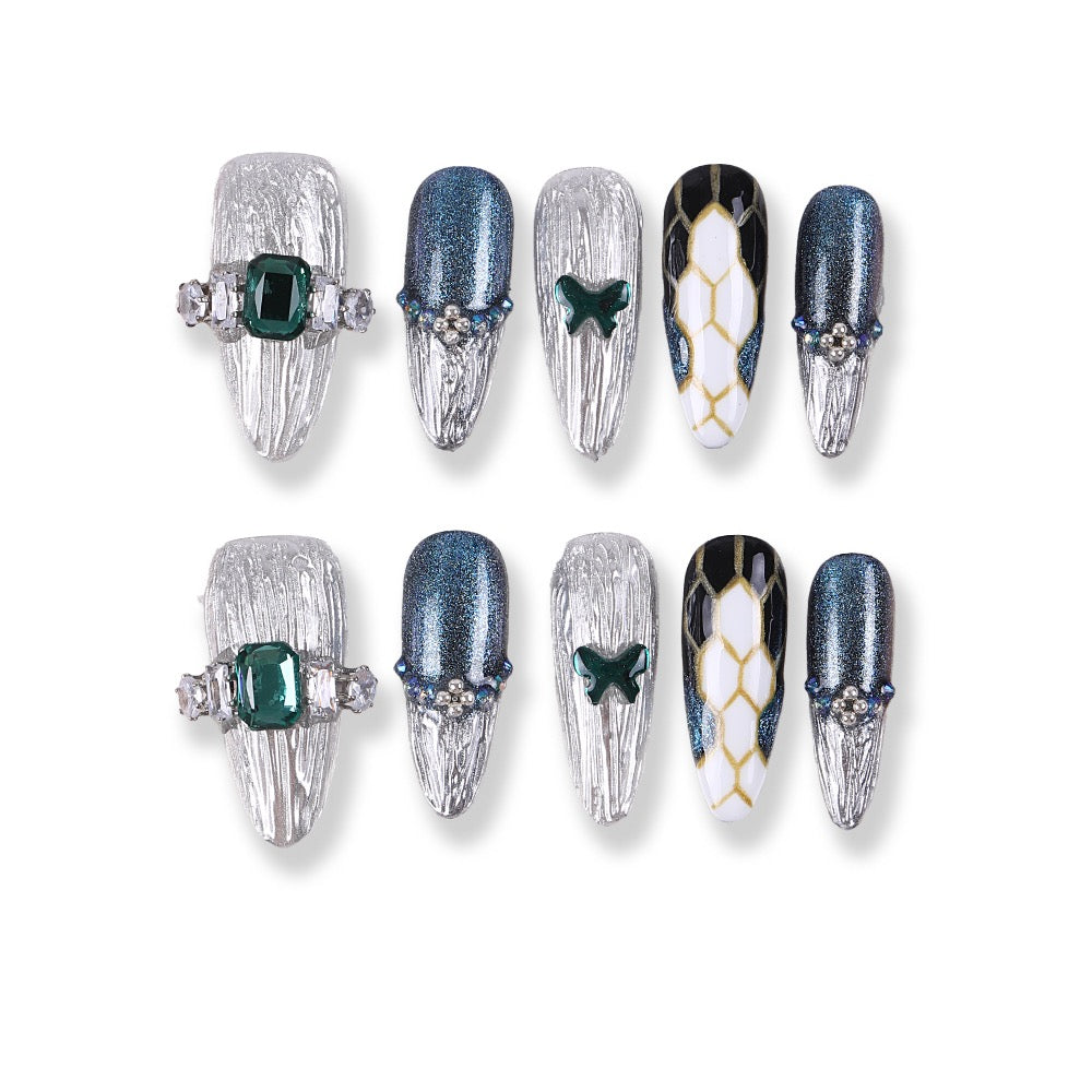 365Nails Frosted Gem Press-On Nails with Silver Brushed Texture, Emerald Stones & Honeycomb Lines