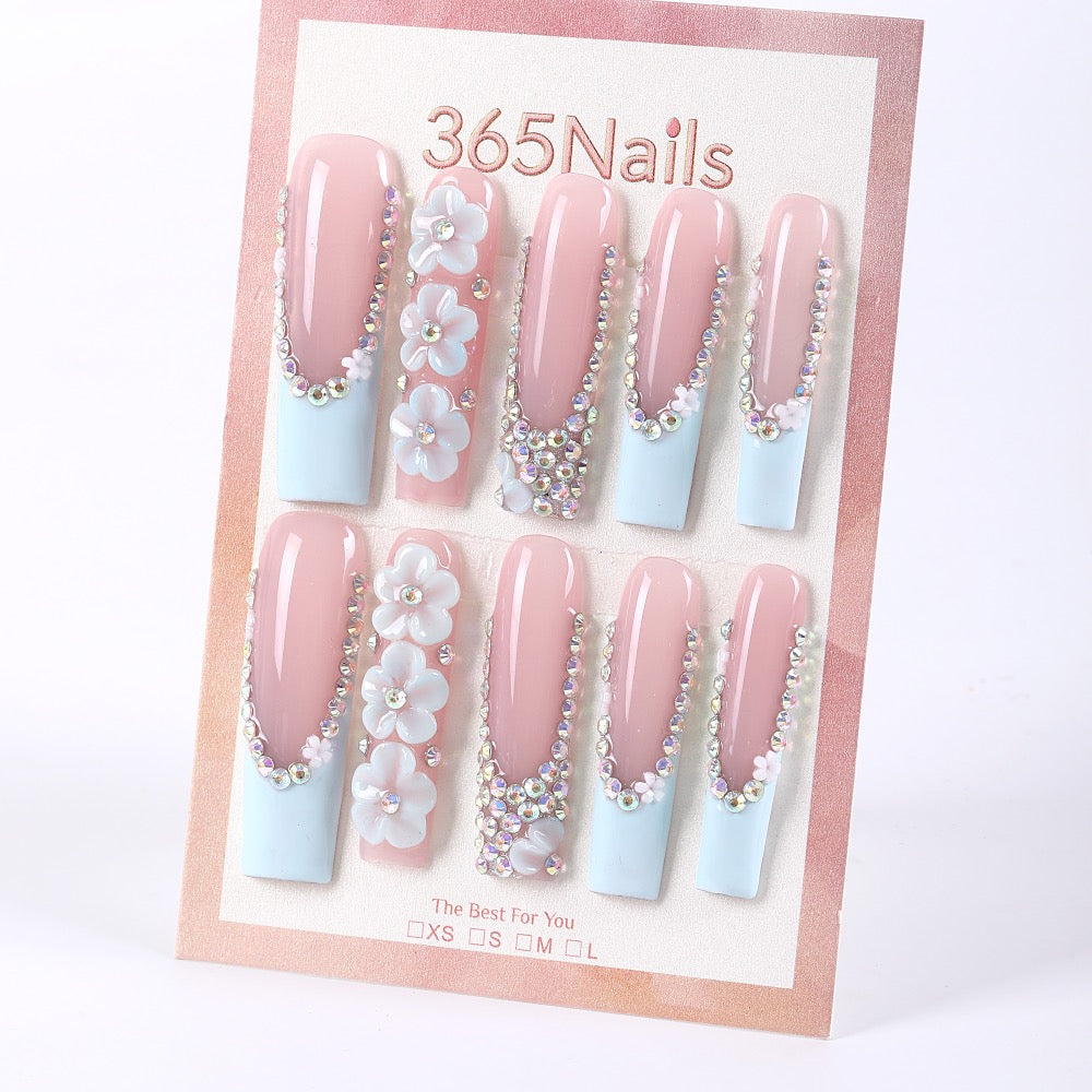 365nails icy‑blue French with crystal florals long square press-ons