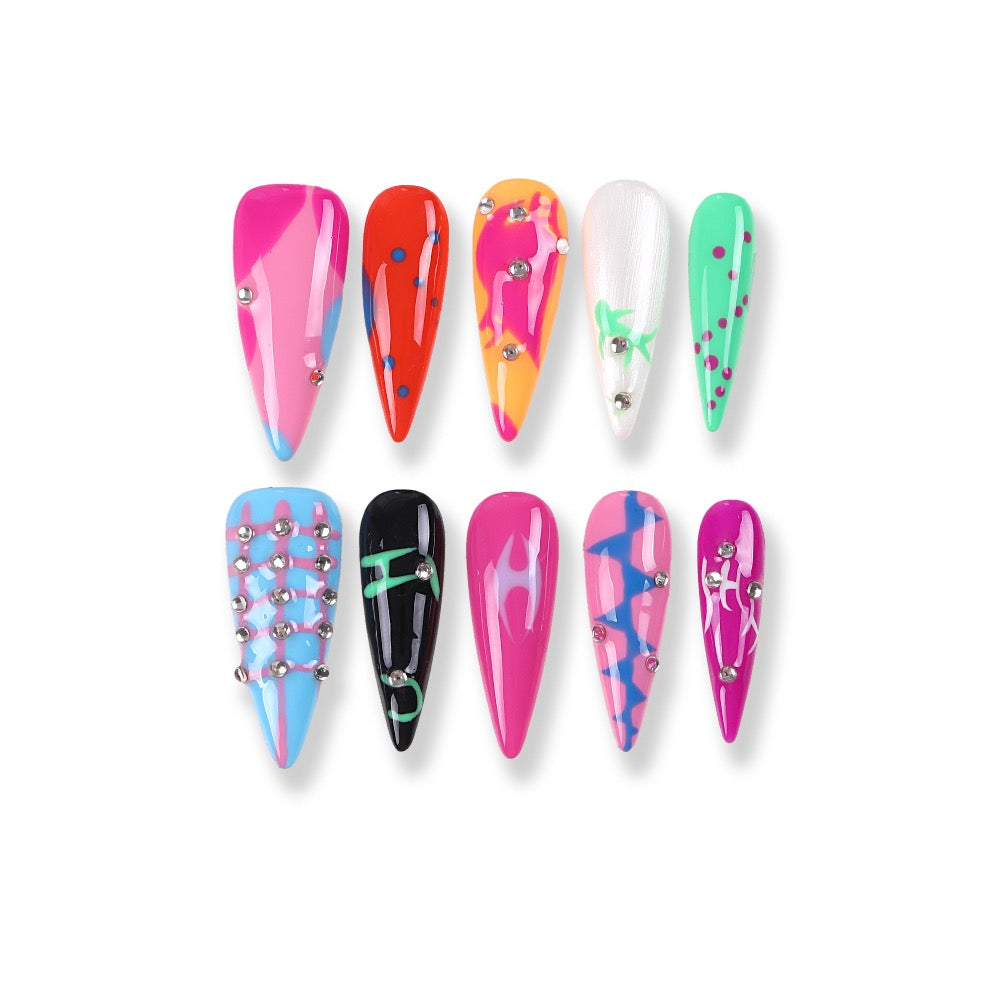 365Nails Neon Graffiti Press-On Nails with Mixed Colors and Studded Rhinestones