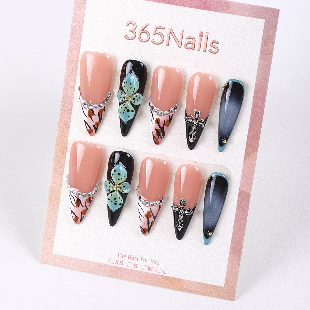 Noir butterfly leopard press-on nails styled for private label packaging customization and brand launch