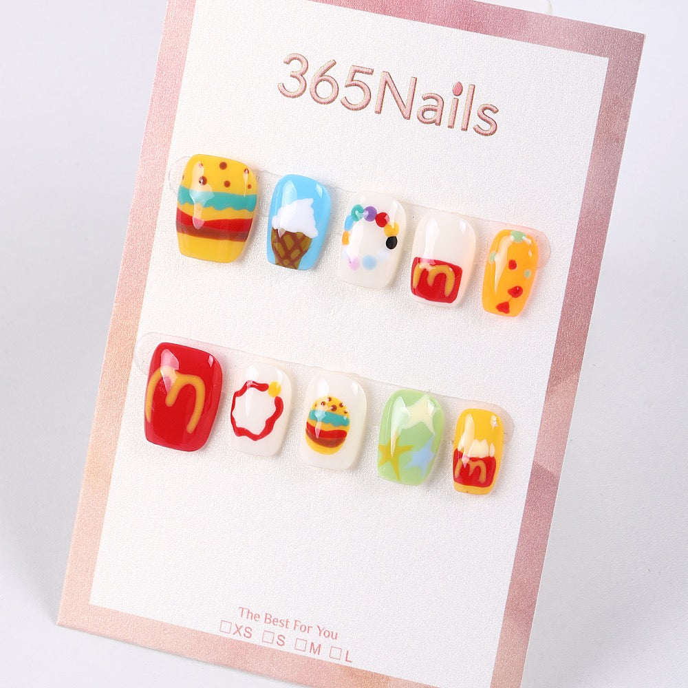Colorful hand-painted short square press-on nails with candy and food motifs, ideal for dropshipping product testing.