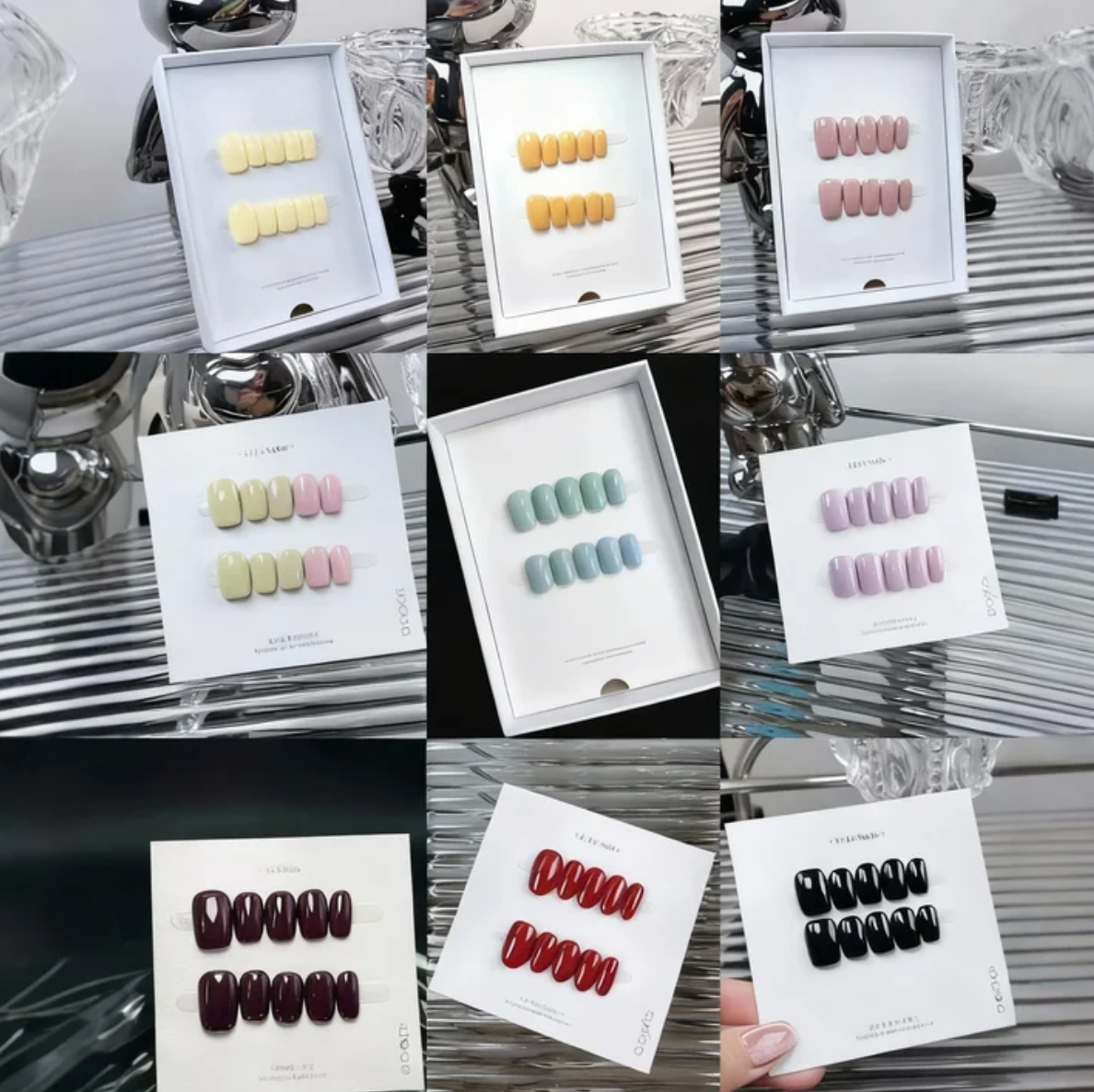 Neutral short square press-on nail set in solid colors, displayed for wholesale salon retail inventory planning.