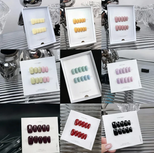 Neutral short square press-on nail set in solid colors, displayed for wholesale salon retail inventory planning.